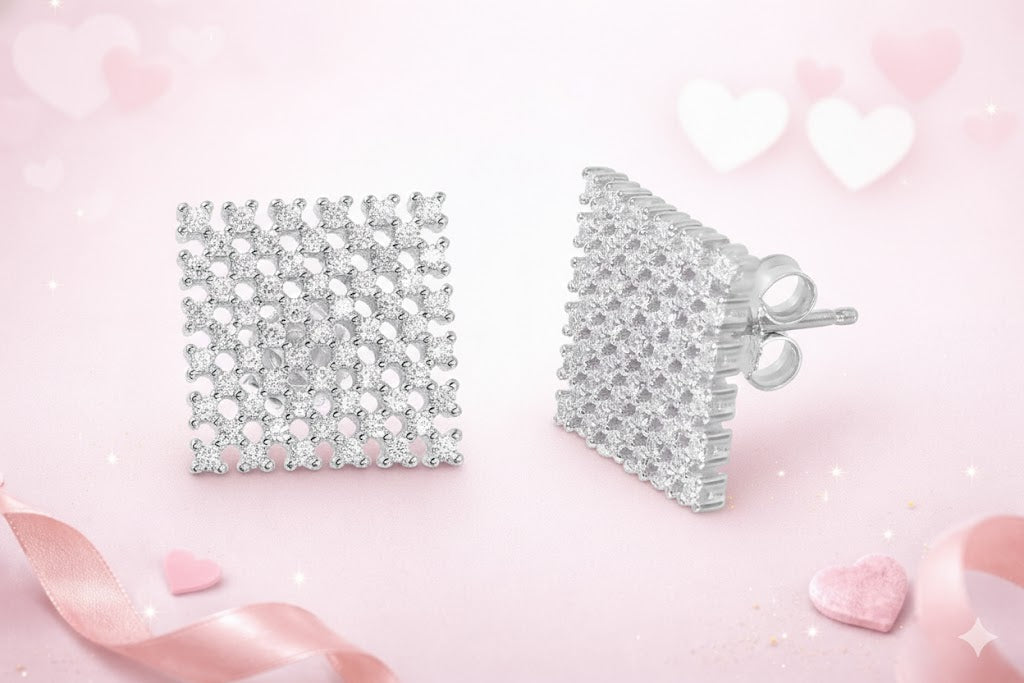 925 Sterling Silver Rhodium-Plated Checker CZ Stud Earrings