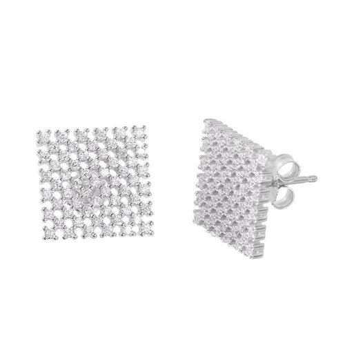 925 Sterling Silver Rhodium-Plated Checker CZ Stud Earrings